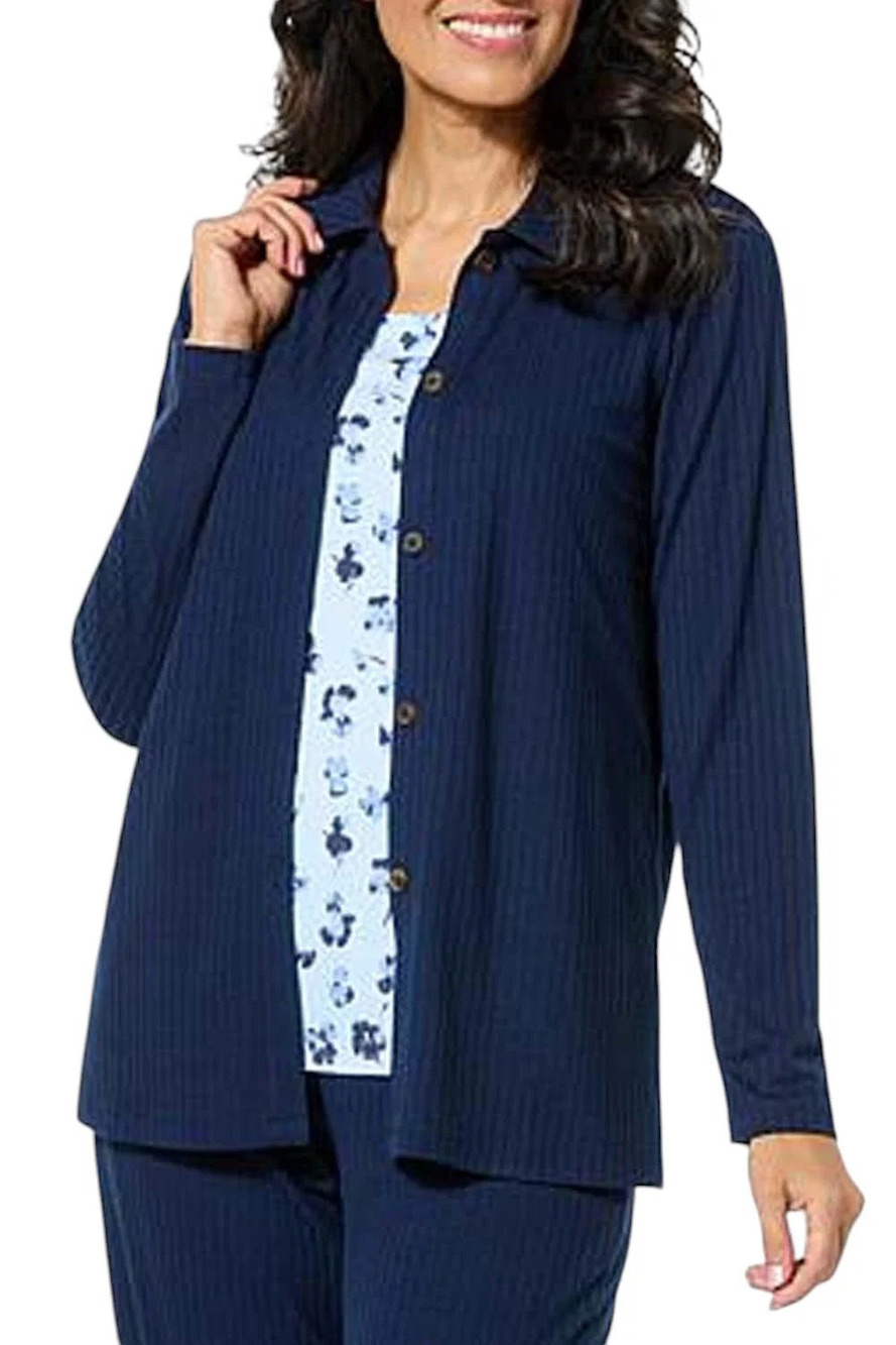 Comfort Code Women's Ribbed Knit Collared Cardigan Top Navy - Regular